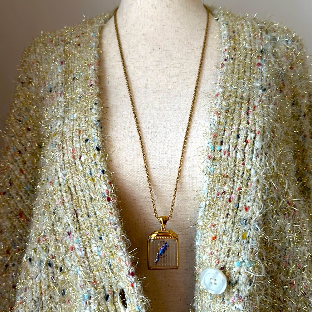 Vintage BIRD CAGE NECKLACE Signed - 30.5" Long Gold Tone
